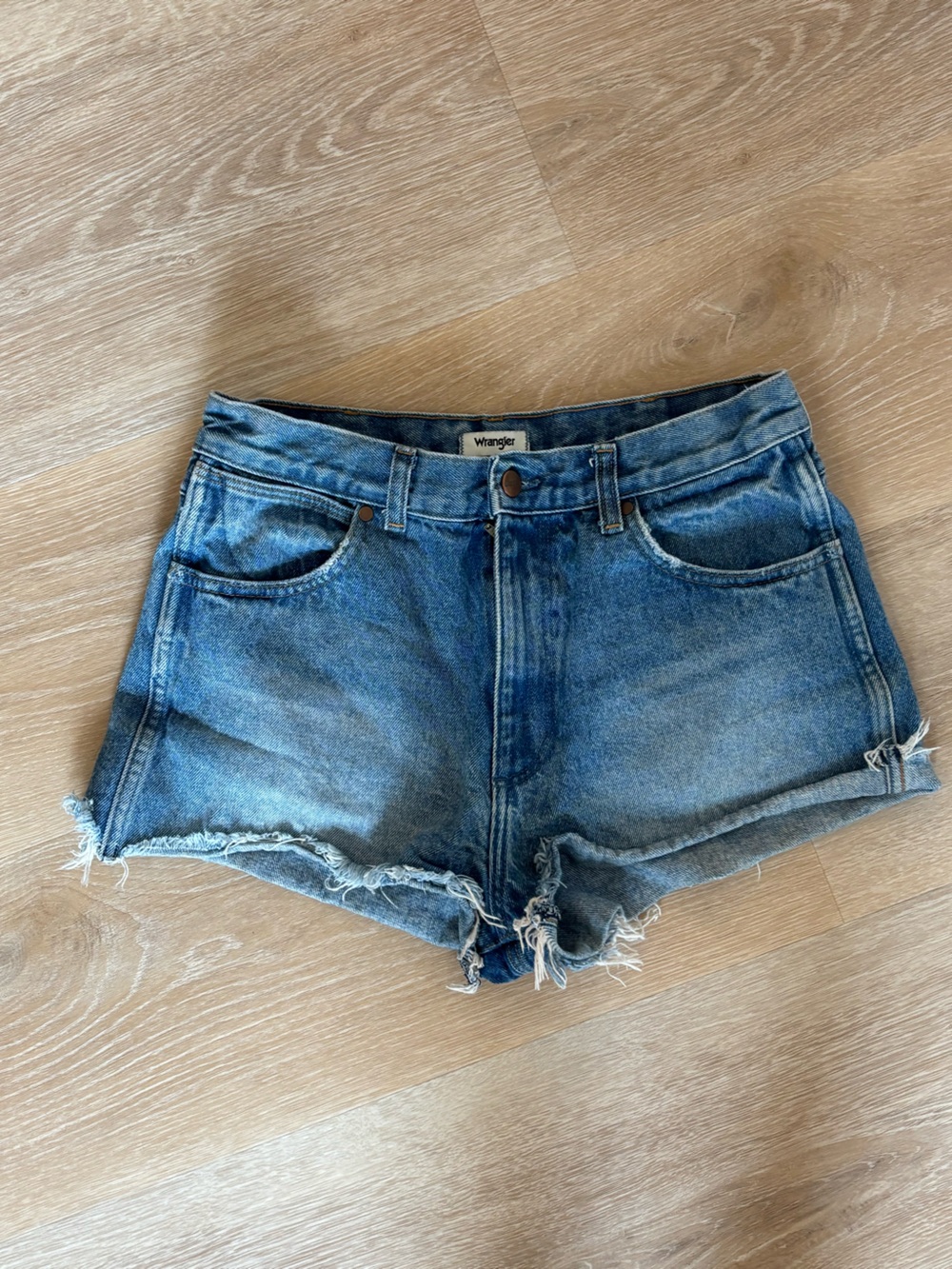 Wrangler Distressed Medium Blue Denim Cutoff Shorts